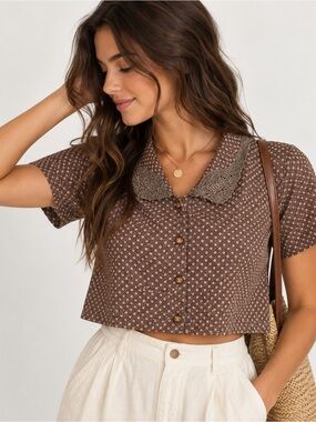 Ark Reworks Brown Cropped Button Up Lace Collar Blouse